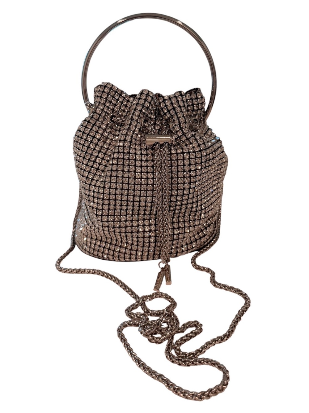 Crystal Mesh Drawstring Mini Bucket Bag in Bronze